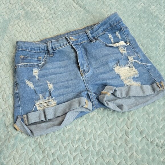 SHEIN Blue Jean Shorts Distressed Frayed - Picture 1 of 2